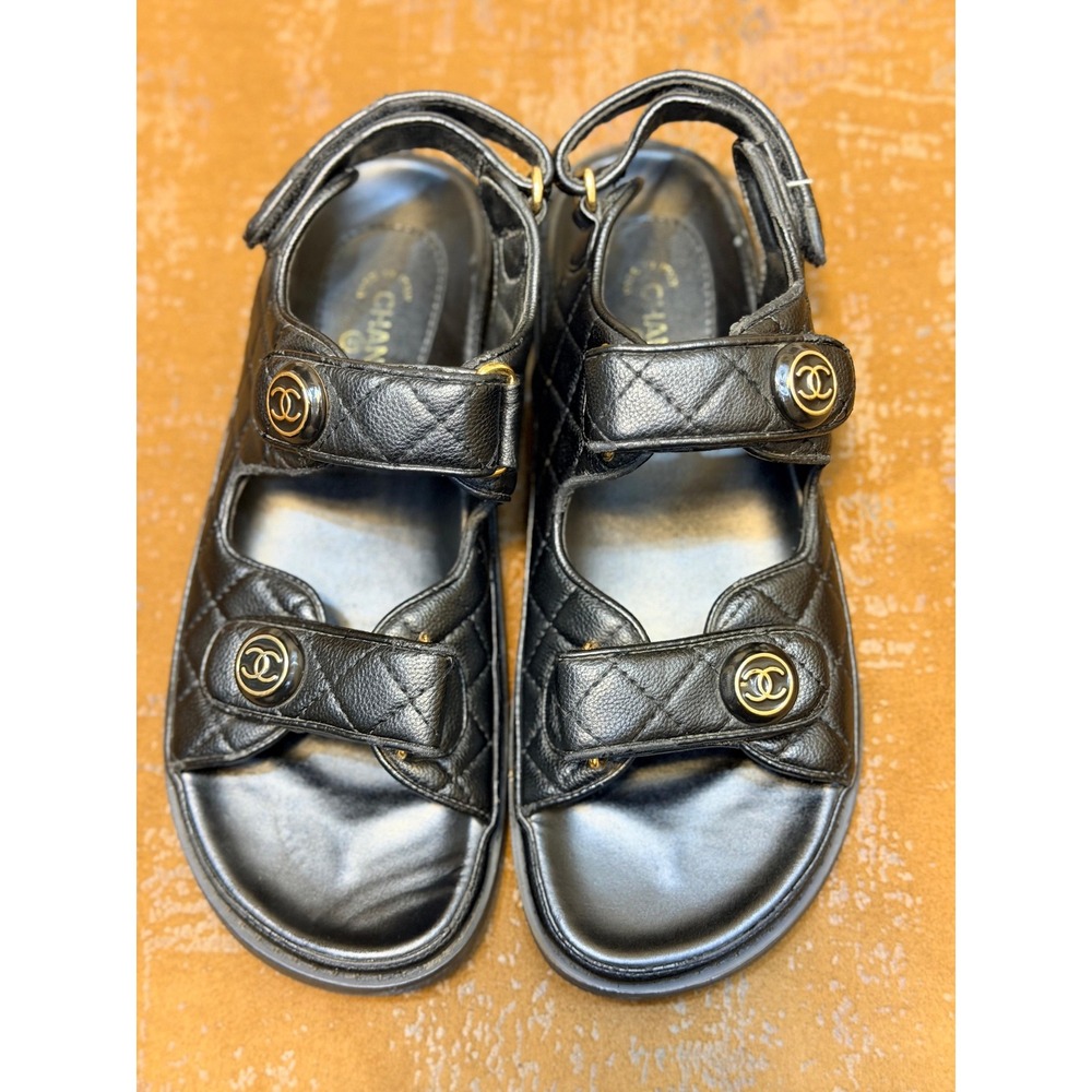 Chanel Black Quilted Lambskin Leather CC Logo Dad Sandals Gold Hardware size 40